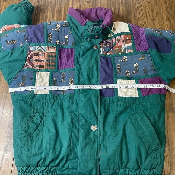 Izzi Vintage 80’s 90’s Western Cowboy Boots Patch Green Purple Jacket Size M - Picture 11 of 16